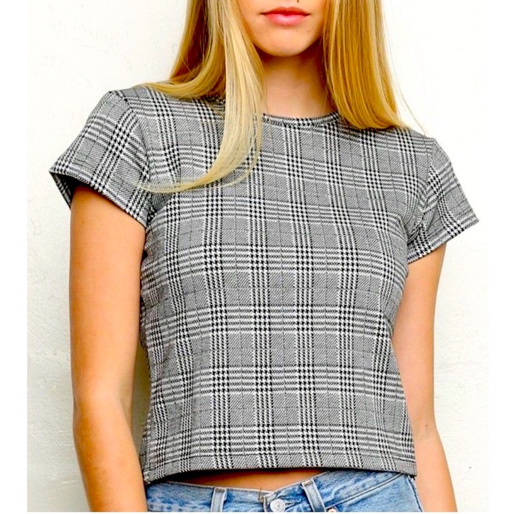 Brandy Melville Houndstooth Knit Crop Top B&W Short Sleeve Extra Small (XS)